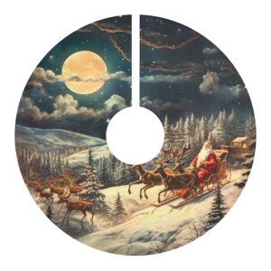 Christmas Tree Skirt with Vintage Art: Santa, Sleigh, Reindeer, Snowy Hill.