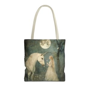 Forest Scene, Lady and Unicorn Under Full Moon. Tote Bag with Long Straps.